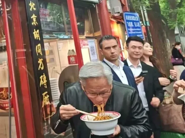 Reflecting on his trip to China, Jensen Huang jokes that the restaurants he visited now treat him like a “brand ambassador